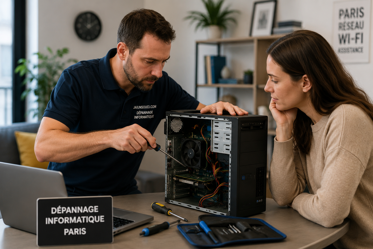 Technicien en dépannage informatique à Paris réparant un ordinateur de bureau chez une cliente à domicile.